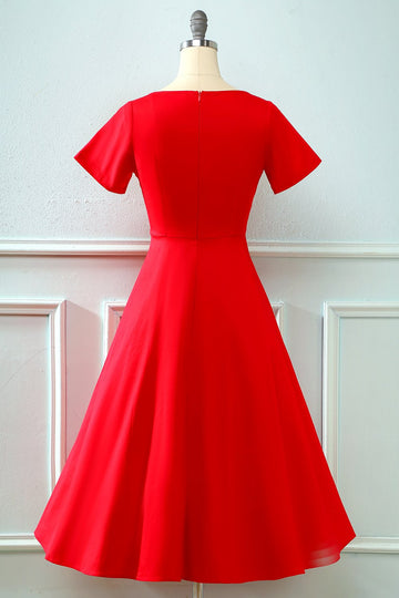Vestido vermelho retro de colarinho quadrado de 1950